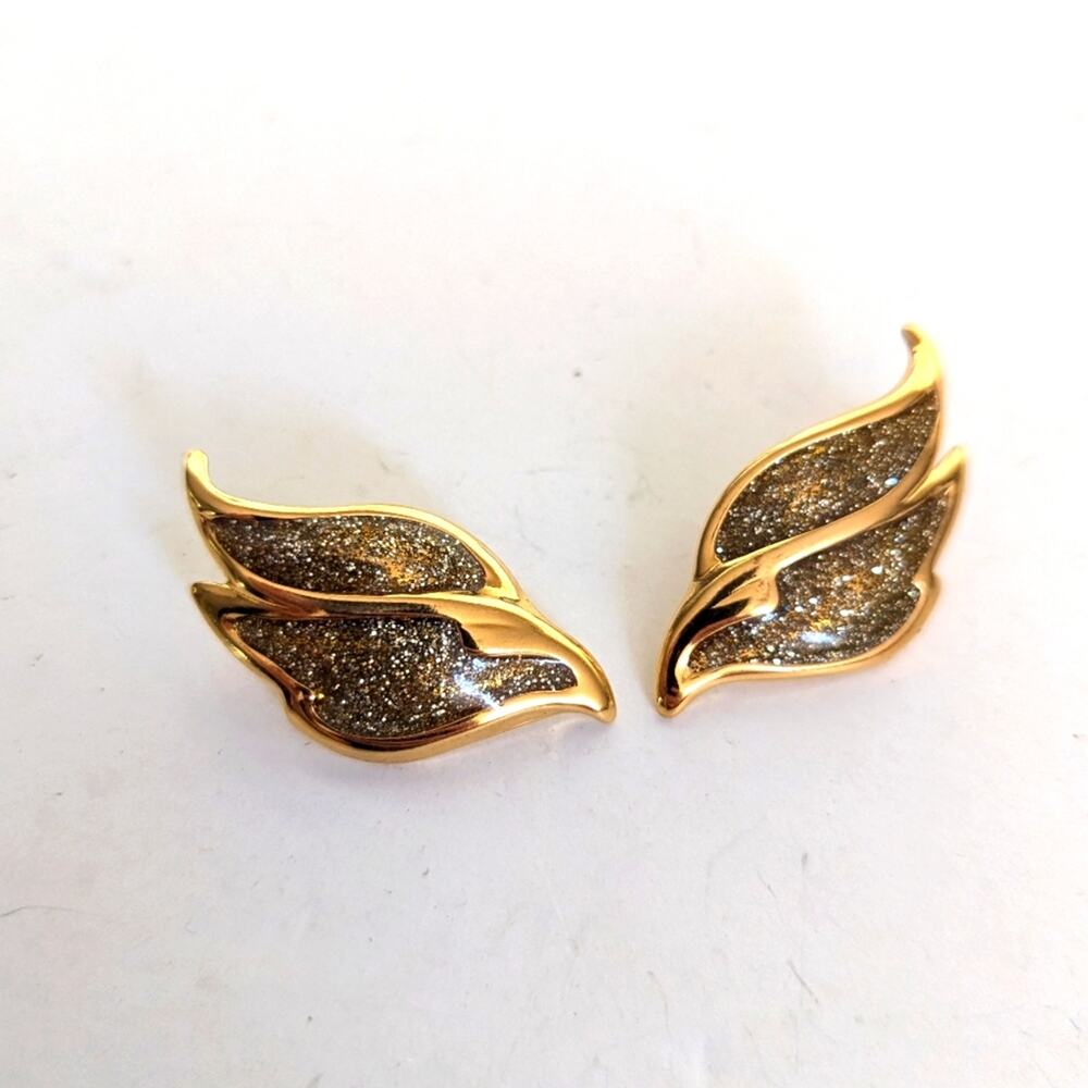 Vintage Avon 1988 Gold Tone Silver Glitter Inlay Flame Wing Post Stud Earrings